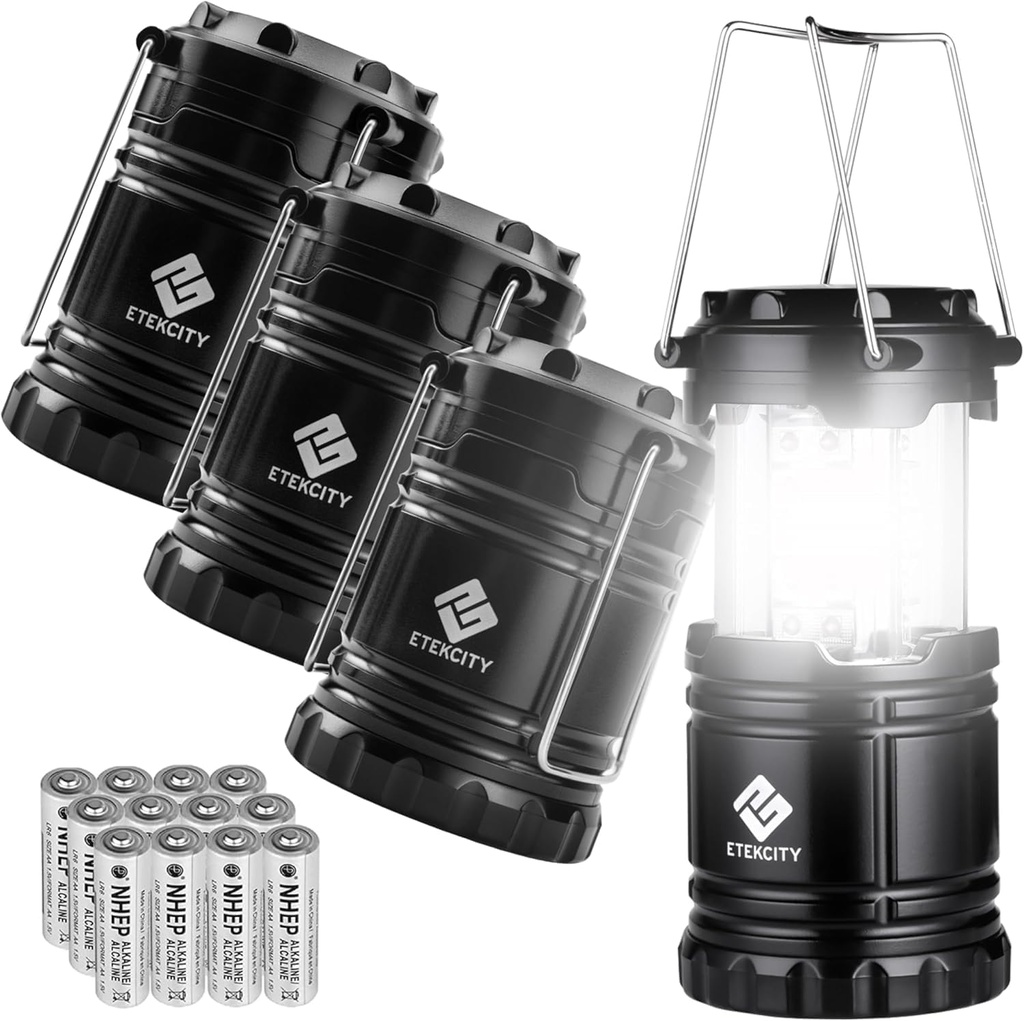 Etekcity Camping Lanterns for Power Outages 4 Pack, Flashlight for Camping Essentials, Survival Kit and Gear, Hurricane Preparedness Items, Emergency Led Battery Operated Lights, Black (One Size)