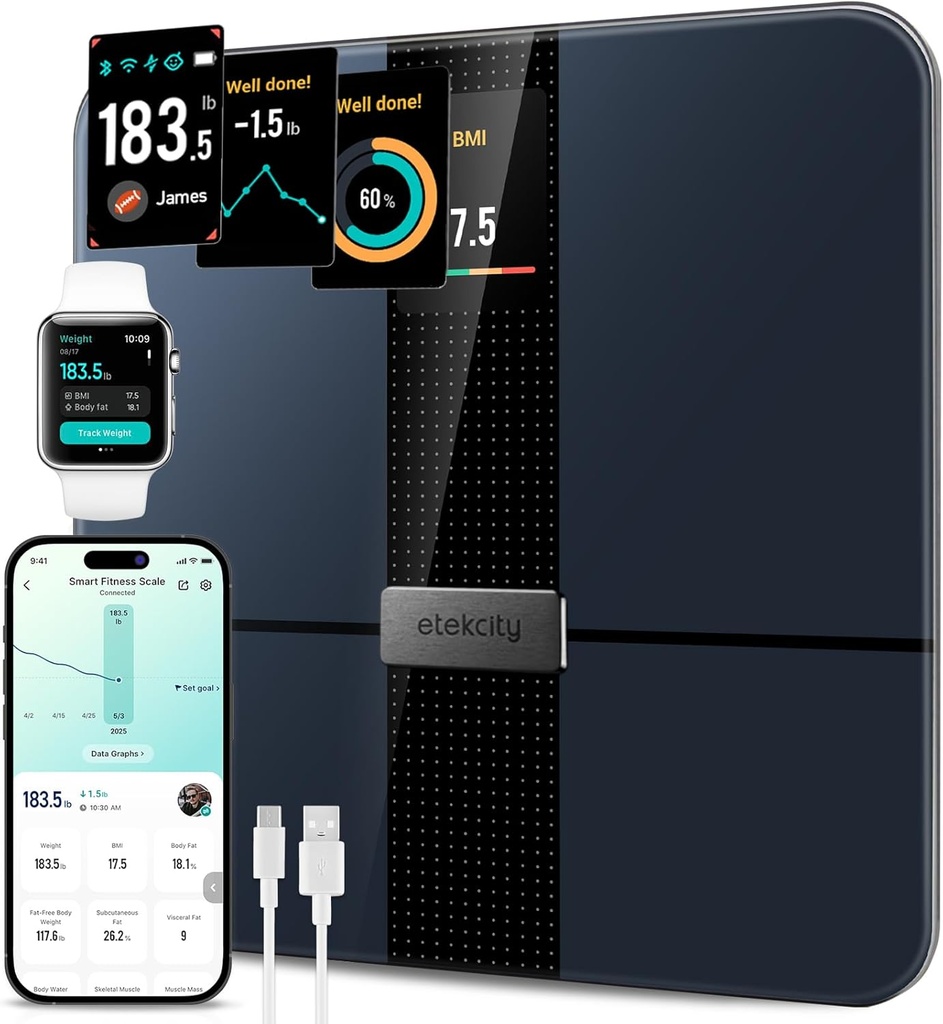 Etekcity FSA&HSA Eligible Smart Scale for Body Weight Fat, Digital Bathroom Weighing Machine for Accurate BMI Muscle Mass Composition, Home Use Apple Health Compatible Fitness Equipment (One Size)