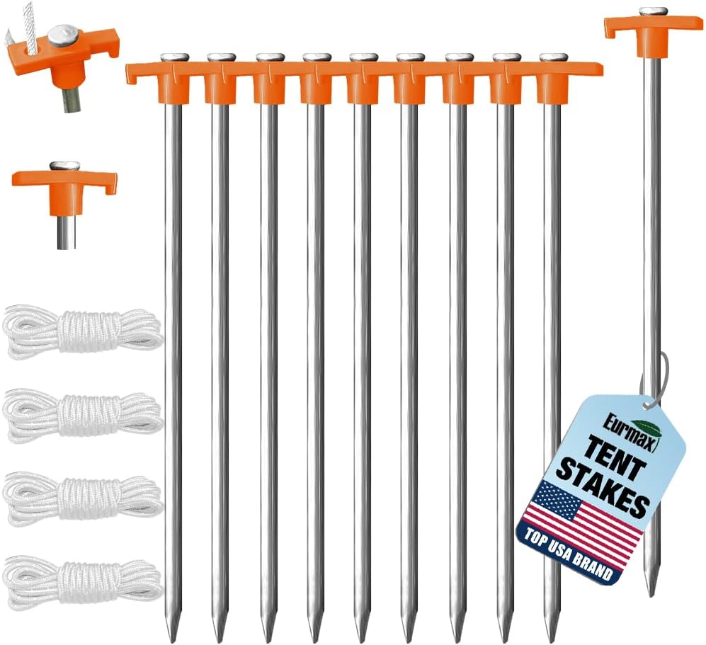Eurmax USA Galvanized Non-Rust Camping Family Tent Pop Up Tent Stakes Canopy Anchors Heavy Duty 10pc-Pack, with 4x10ft Ropes & 1 Orange Stopper (One Size)