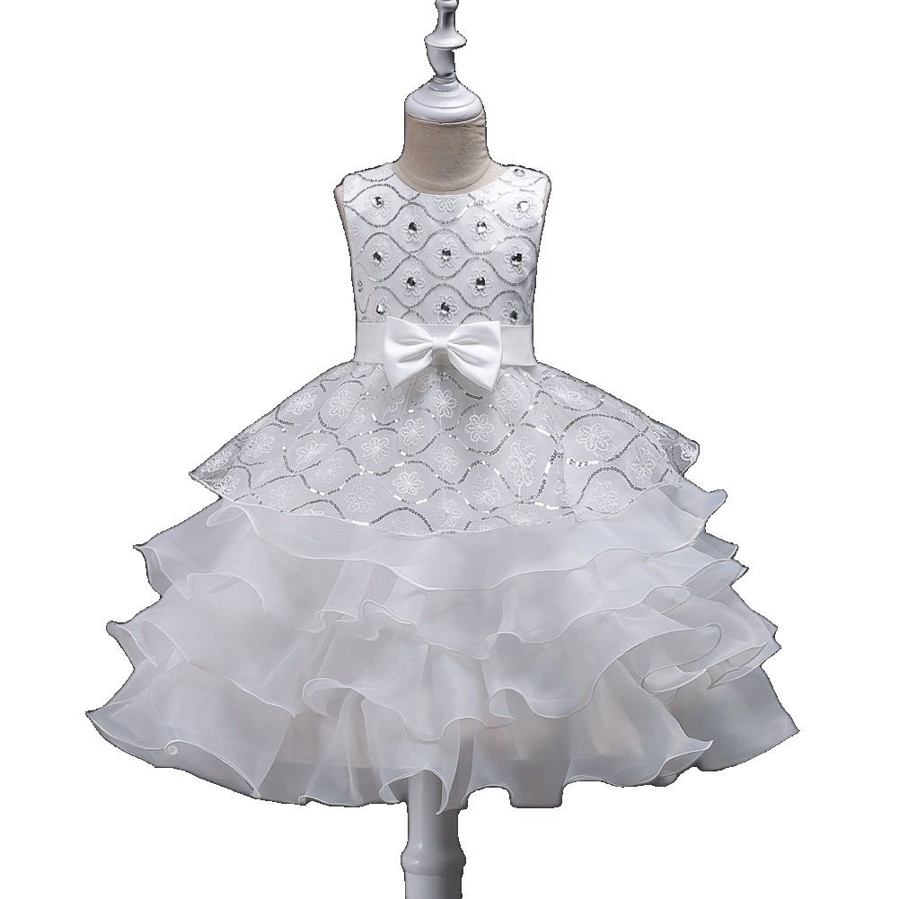 European and American medium large girls bowknot fluffy dress with beads sequins princess flower girl wedding mesh children's dress