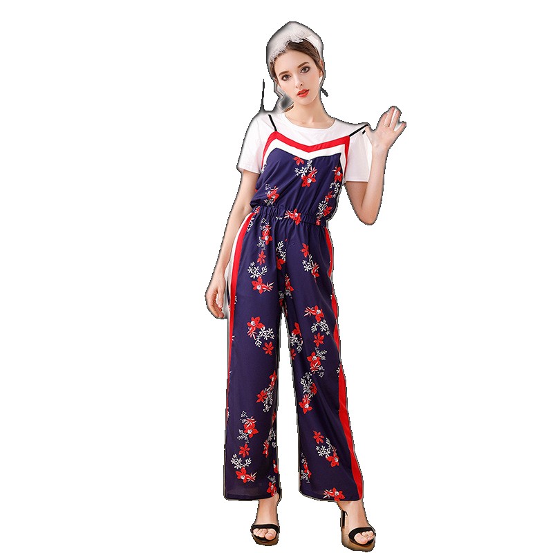 European and American new spring all-match T-shirt + printed suspenders jumpsuit wide-leg pants suit female two-piece set set