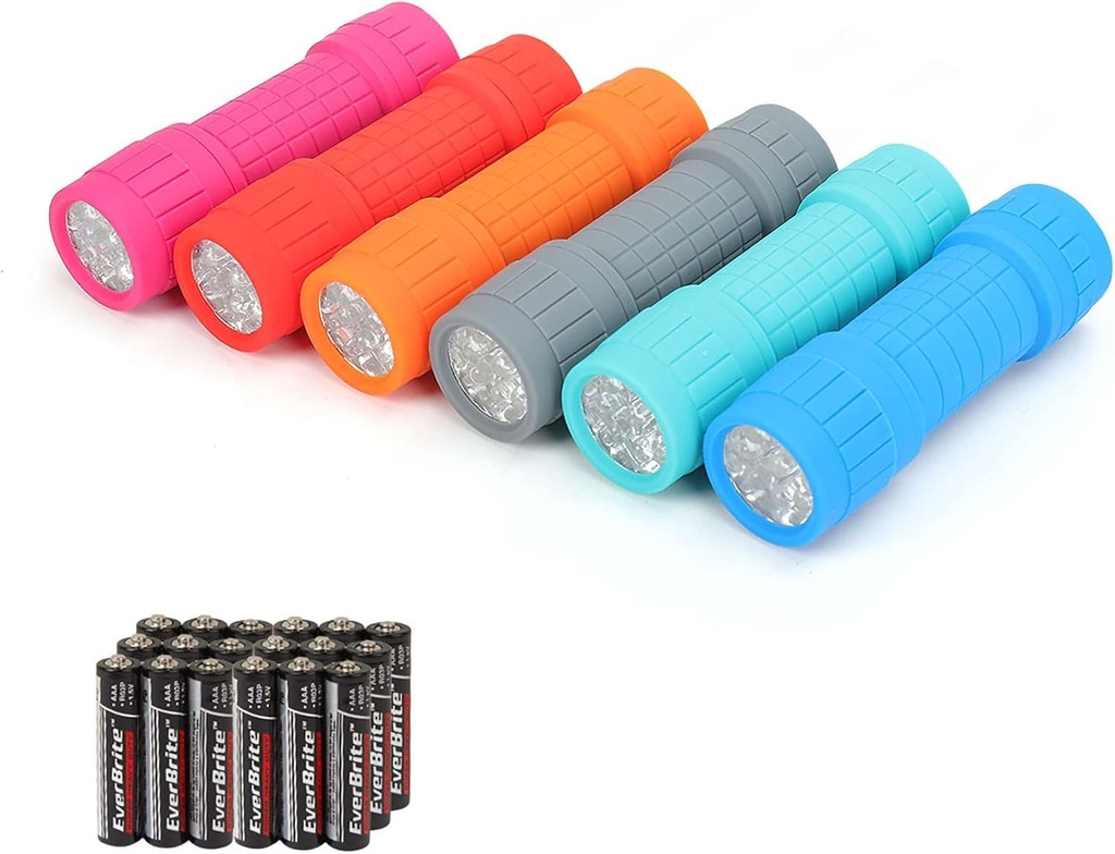 EverBrite 9-LED Flashlight 6-Pack Impact Handheld Torch Assorted Colors with Lanyard 3AAA Battery Included (Hurricane Supplies, Camping, Hiking, Emergency, Hunting) (One Size)