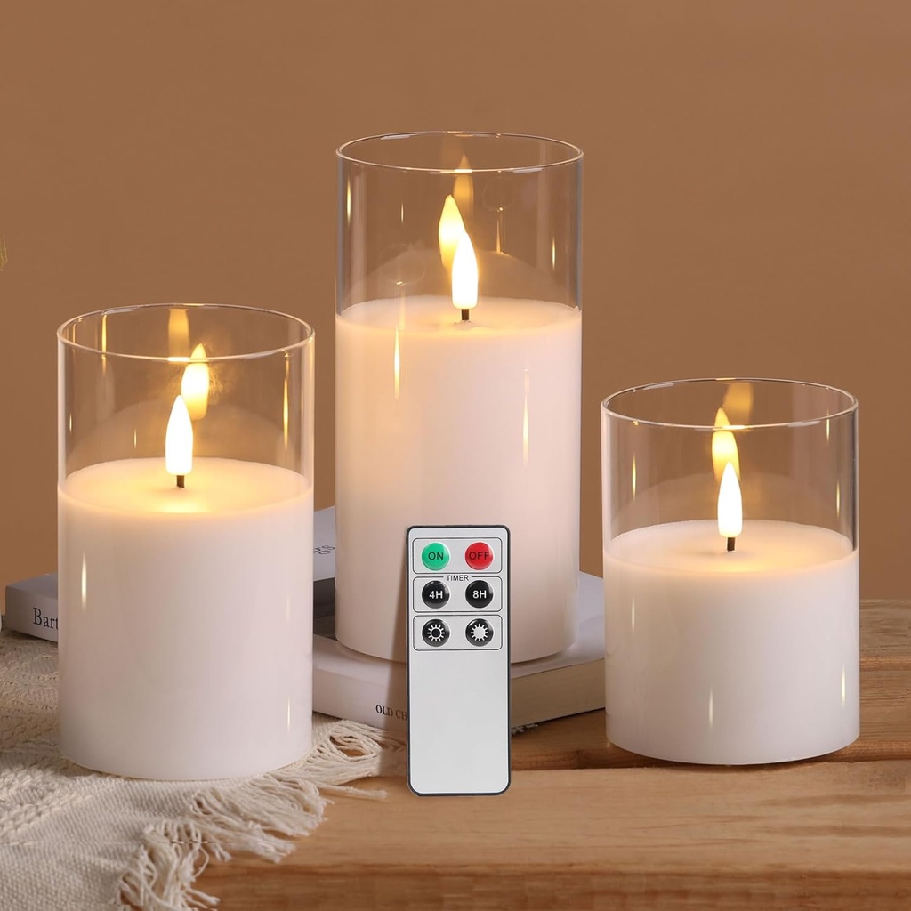 Eywamage Clear Glass Flameless Candles with Remote Timer, Flickering Battery LED Pillar Candles Set of 3 (One Size)