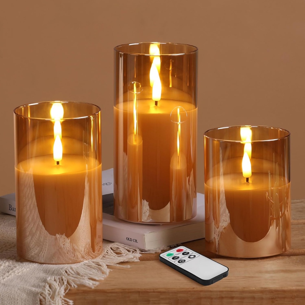 Eywamage Gold Glass Flameless Pillar Candles with Remote, Flickering Christmas LED Candles Battery Operated Set of 3 (One Size)