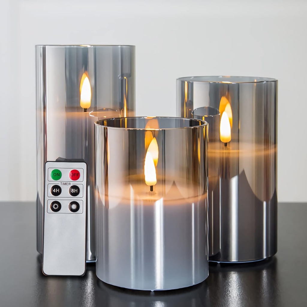 Eywamage Smoke Grey Glass Flameless Pillar Candles with Remote, Flickering LED Battery Candles Table Decor Set of 3 (One Size)