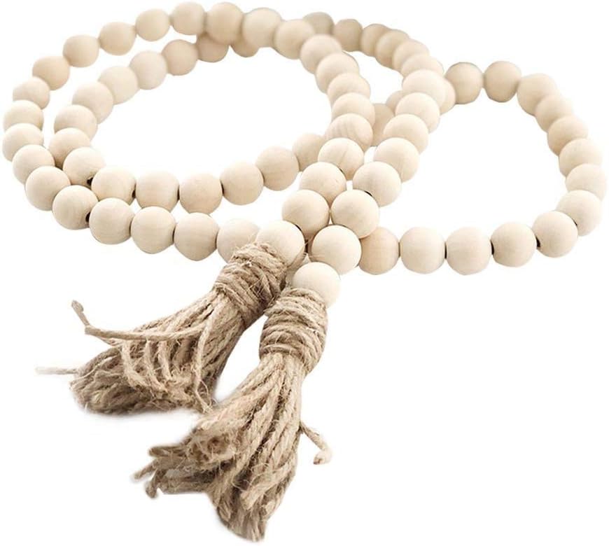 Farmhouse Beads 58in Wood Bead Garland with Tassels Rustic Country Decor Prayer Boho Beads Big Wall Hanging Decor (One Size)