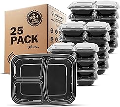 Freshware Meal Prep Containers [25 Pack] 3 Compartment with Lids, Food Storage Containers, Bento Box, Stackable, Microwave/Dishwasher Safe (32 oz) (One Size)