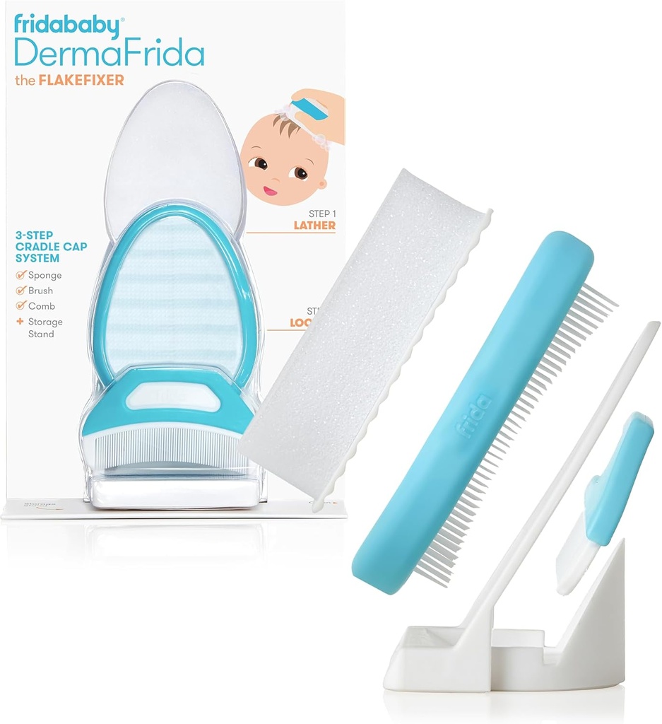 Frida Baby The 3-Step Cradle Cap System, DermaFrida The FlakeFixer, Sponge, Brush, Comb and Storage Stand for Babies with Cradle Cap, White-Blue (One Size)
