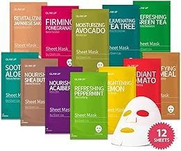 GLAM UP Korean Facial Sheet Mask 12 Combo Pack | Hydrating & Moisturizing Face Mask for Glass Skin | Soothing Korean Skincare for Sensitive, Dry Skin | Bulk Face Masks Gift Set for Home Spa