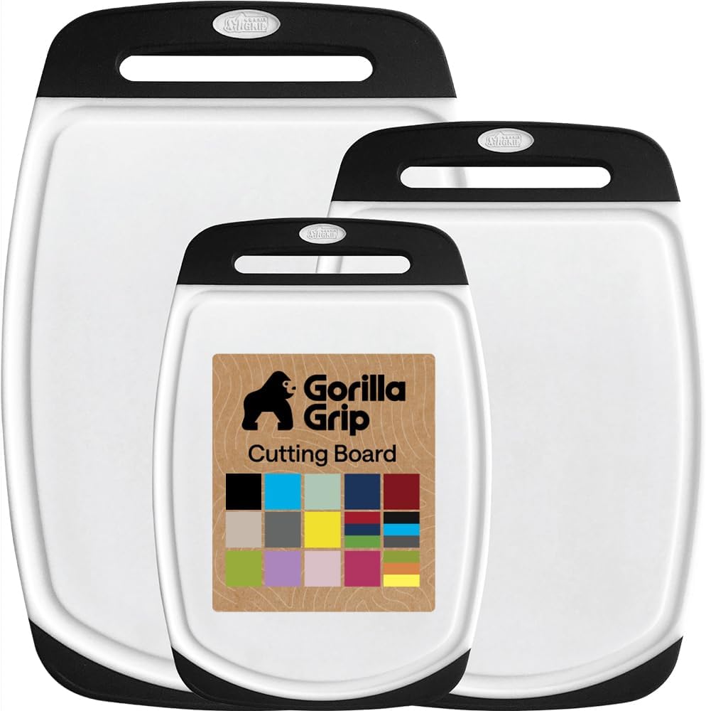 GORILLA GRIP BPA-Free Reversible Kitchen Cutting Board Set of 3, US Designed, Nonporous, Juice Grooves Catch Liquid, Slip Resistant Border, Dishwasher Safe, Durable Large Food Chopping Boards, Black (One Size)
