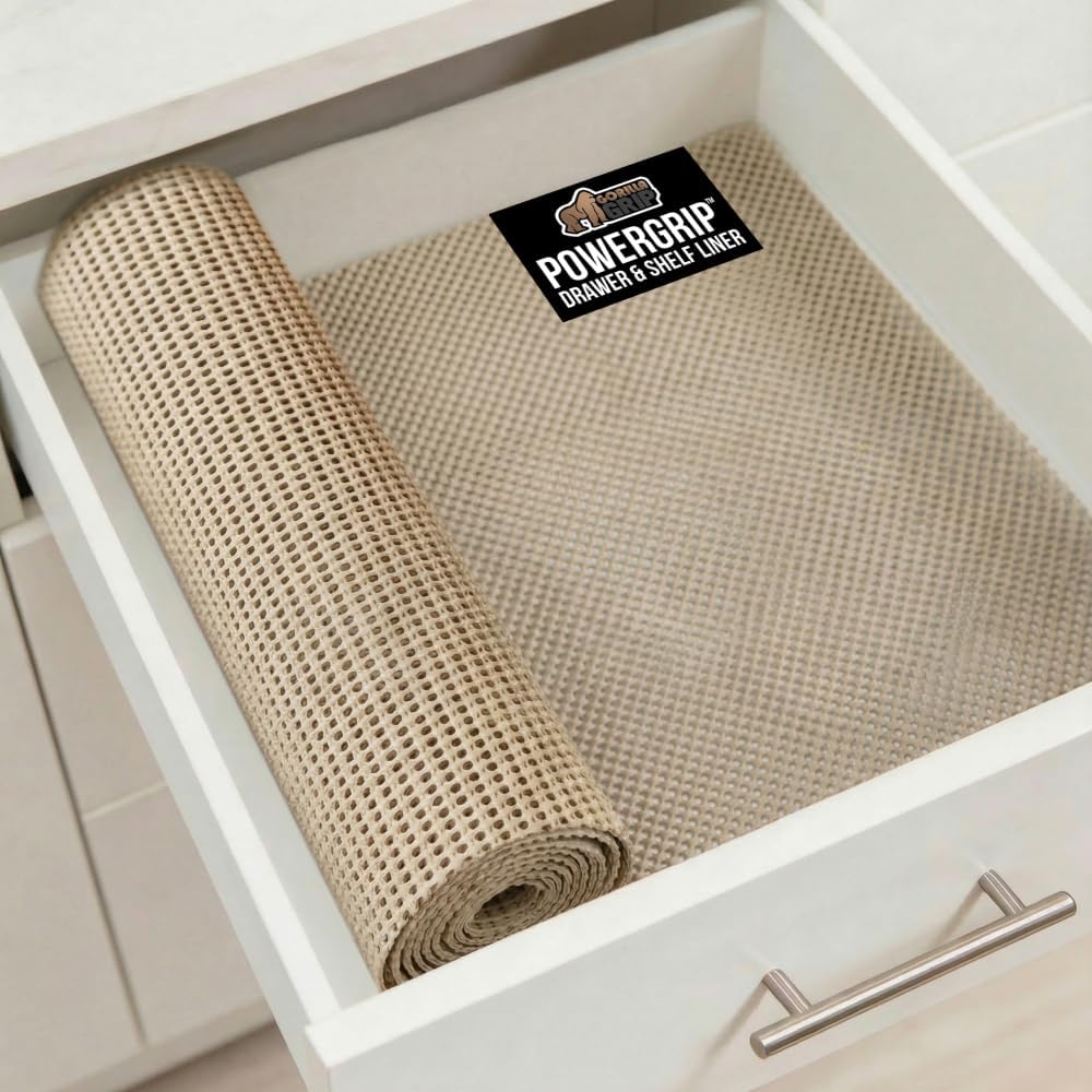GORILLA GRIP powerGRIP Drawer Shelf and Cabinet Liner, Thick Strong Hold, Non-Adhesive Liners Protect Kitchen Cabinets and Cupboard, Bathroom Drawers, Easy Install Mat, 12" x20', Beige (One Size)