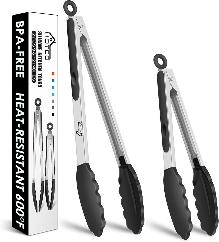 HOTEC Premium Stainless Steel Locking Kitchen Tongs with Silicon Tips, Set of 2-9" and 12" (One Size)