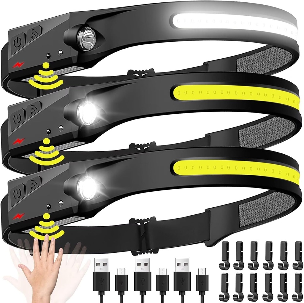 Headlamp Rechargeable 3PCS, 230° Wide Beam Head Lamp LED with Motion Sensor for Adults - Camping Accessories Gear, Waterproof Head Light Flashlight for Hiking, Running, Repairing, Fishing, Cycling (One Size)