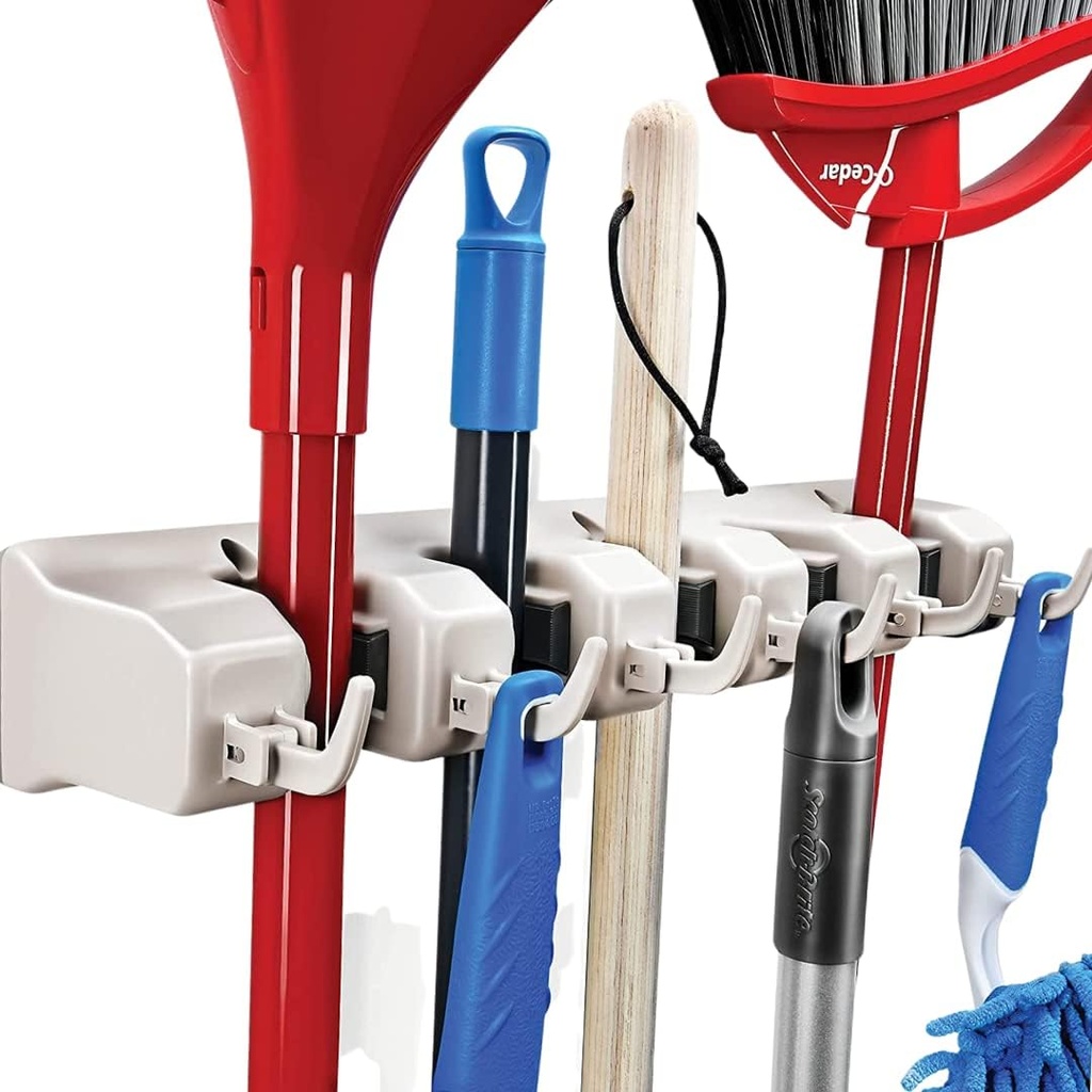 Home It Mop And Broom Holder Wall Mount - Garage Storage Systems with 5 Slots, 6 Hooks, 7.5lbs Capacity Per Slot - Garden Tool Organizer For Home, Kitchen, Closet, Garage, Laundry Room - Off-White (One Size)