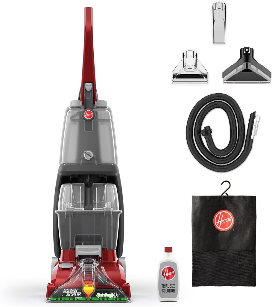 Hoover PowerScrub Deluxe Carpet Cleaner Machine, Deep Cleaning Carpet Shampooer Machine, SpinScrub Brushes, HeatForce Drying, Pet & Upholstery Tools, Pair with Hoover Carpet Cleaner Solution (One Size)