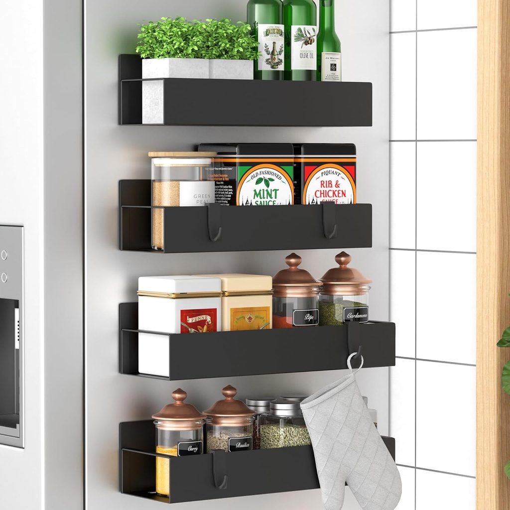 HuggieGems 4 Pack Magnetic Spice Storage Rack Organizer for Refrigerator and Oven, Black Fridge Organizers and Storage (One Size)
