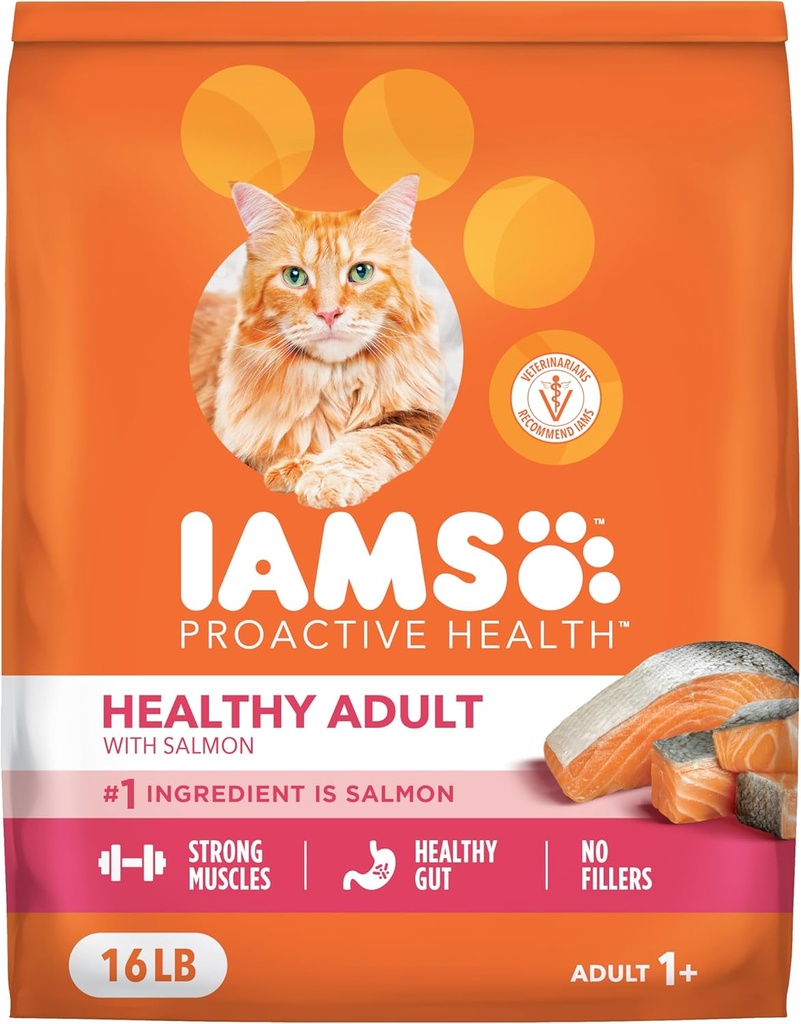 IAMS Proactive Health Adult Healthy Dry Cat Food with Real Salmon, 16 lb. Bag (One Size)