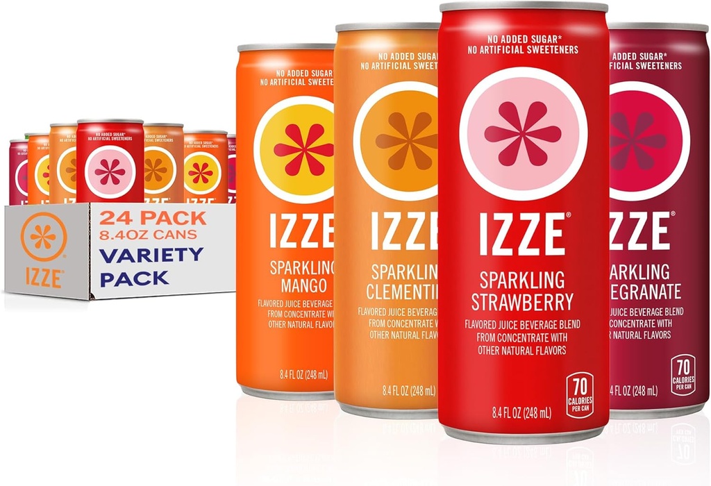 IZZE Sparkling Water Juice Beverage Blend, Dawn Variety Pack, Mango, Clementine, Strawberry, Pomegranate, No Sugar Added, 8.4 FL OZ, 24 Cans (One Size)