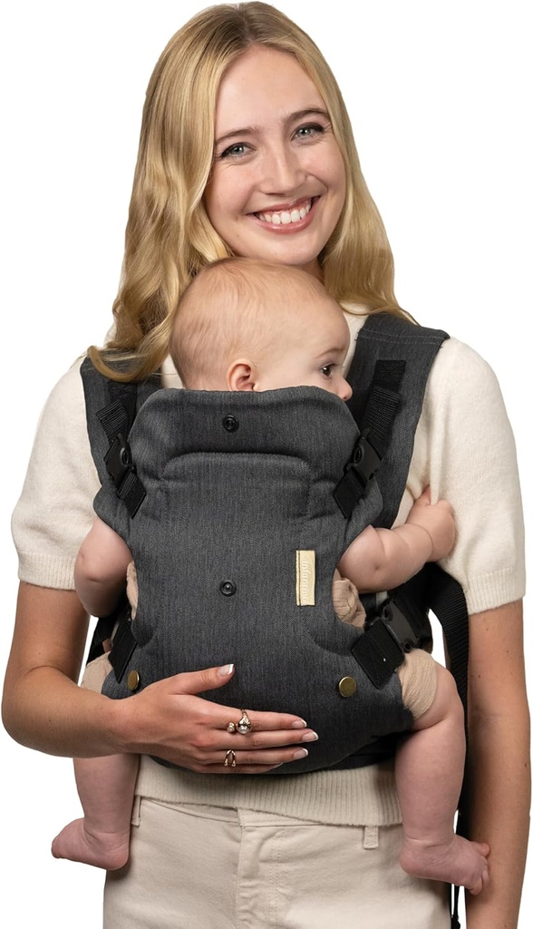Infantino Flip Luxe 4-in-1 Convertible Baby Carrier, Ergonomic Infant to Toddler Carrier, Updated Lumbar Support, Premium Herringbone Fabric, Elevated Accents, Hands-Free Comfort, 7–35 lbs, Onyx (One Size)