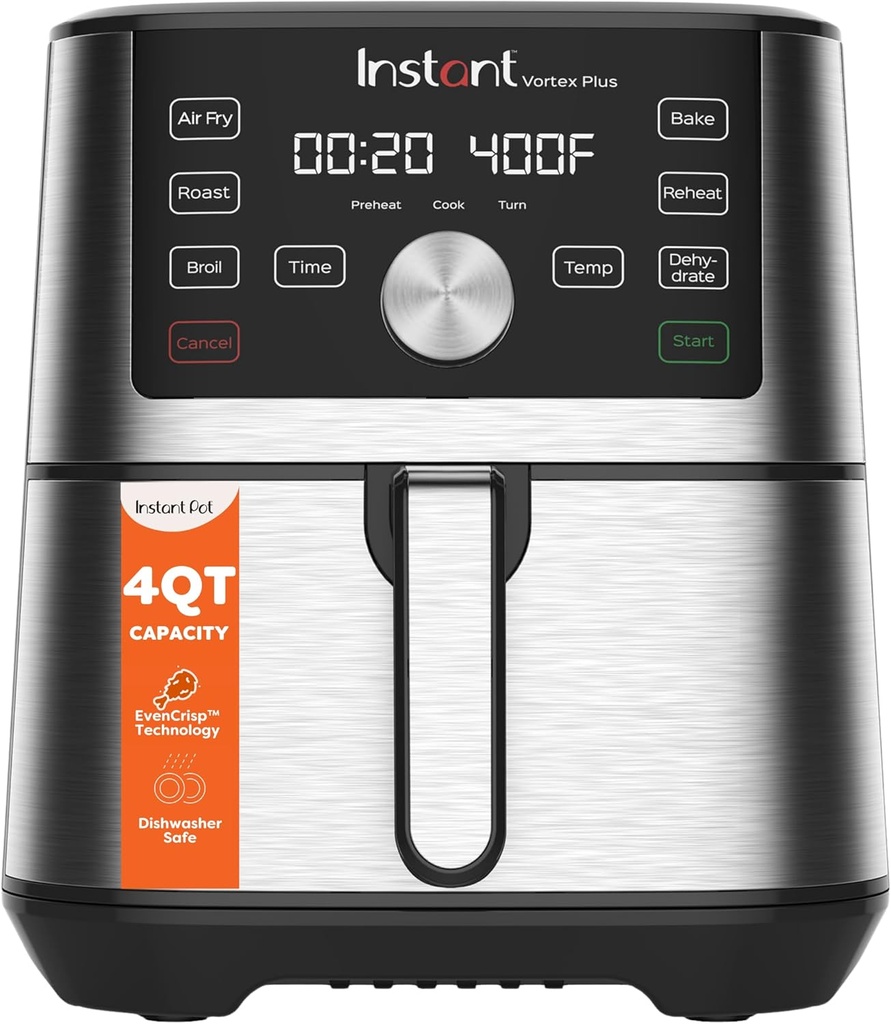 Instant Pot 4QT Vortex Plus 6-in-1 Mini Air Fryer, Custom Program Options, Crisps, Broils, Roasts, Dehydrates, Bakes, Reheats, 100+ In-App Recipes, Stainless Steel,4 Quarts (One Size)