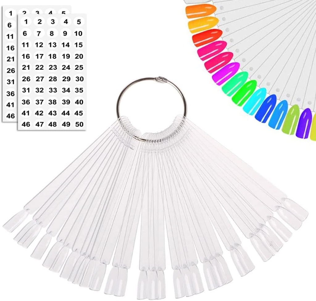 JASSINS 50 Pcs Nail Swatch Sticks with Ring and Numbered Tips - Clear Fan-shaped Display for Nail Art Polish Practice (One Size)