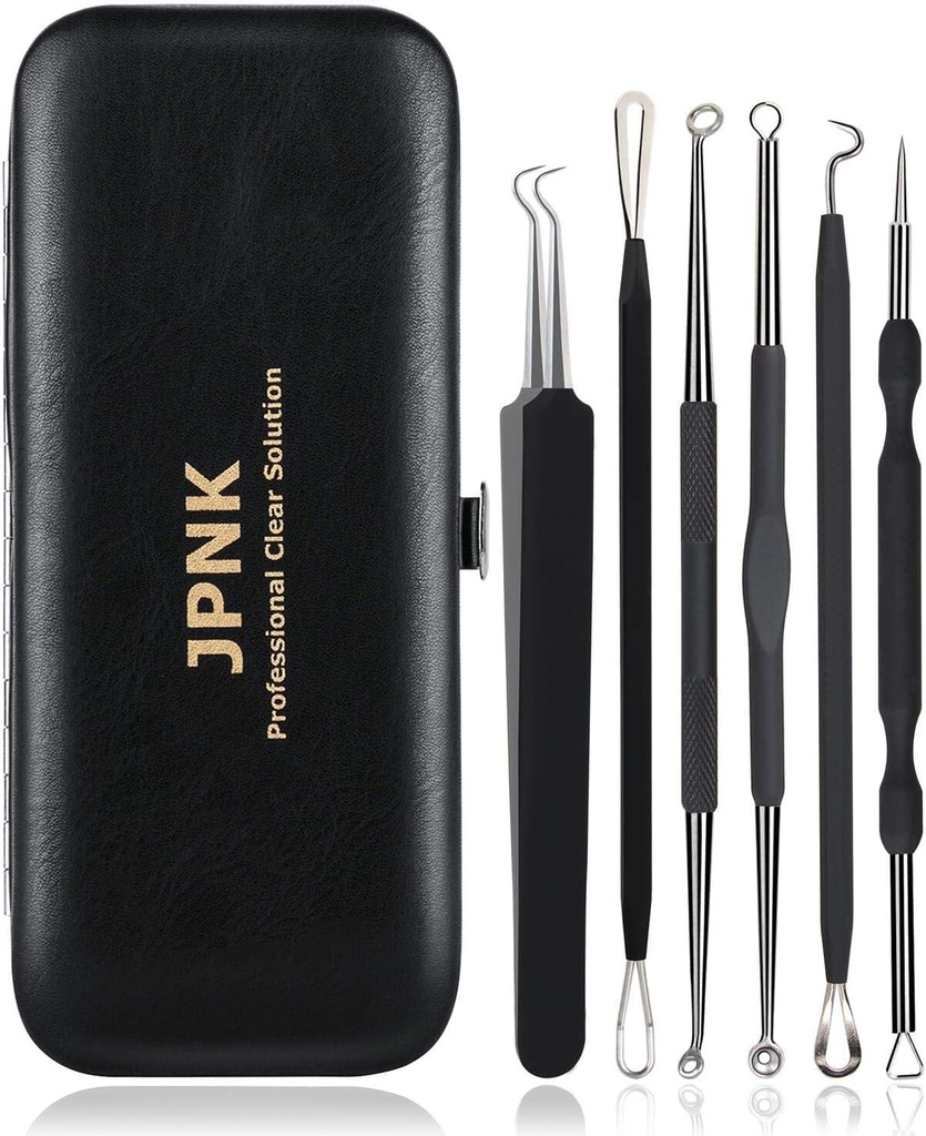 JPNK Blackhead Remover Tool Comedones Extractor Acne Removal Kit for Blemish, Whitehead Popping, 6 Pcs Zit Removing for Nose Face Tools with a Leather Bag (Black) (One Size)