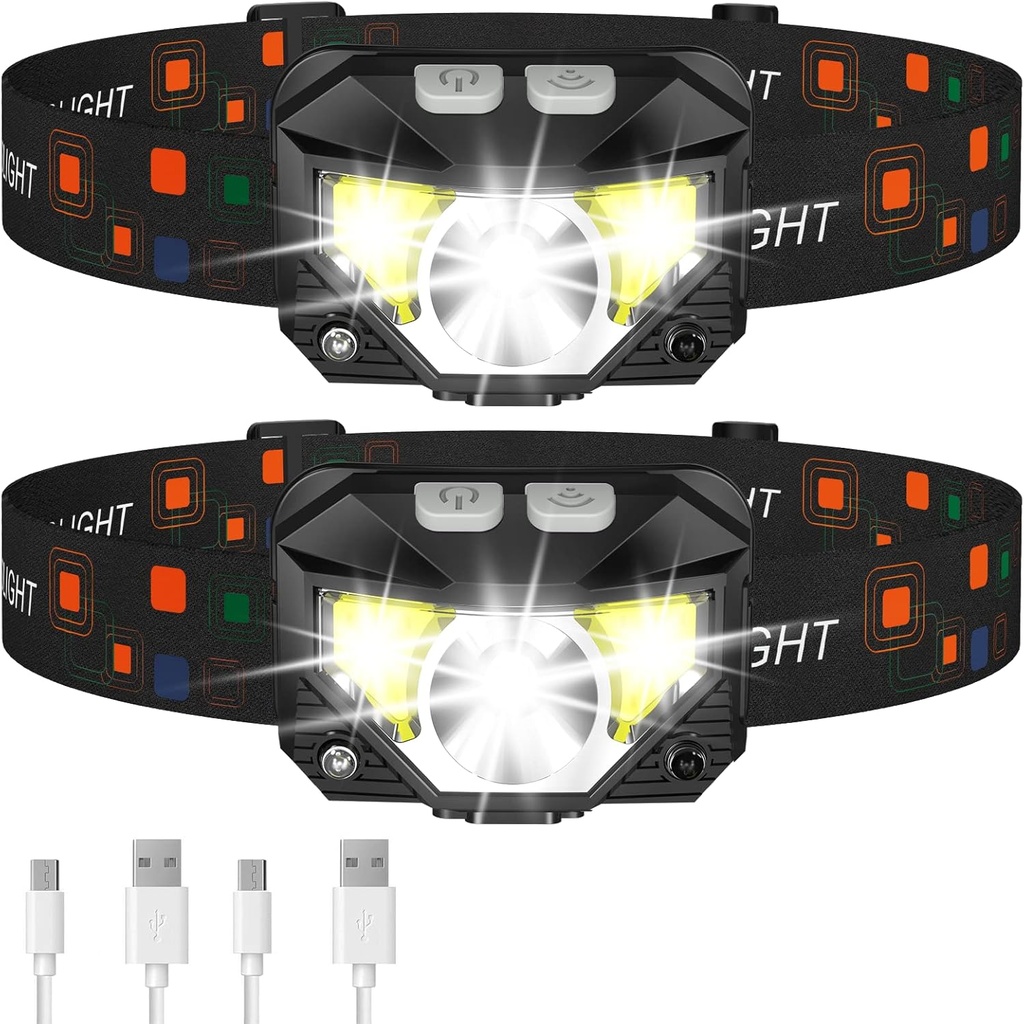 LHKNL Headlamp Flashlight, Lumen Ultra-Light Bright LED Rechargeable Headlight with White Red Light, 2-Pack Waterproof Motion Sensor Head Lamp,8 Modes for Outdoor Camping Running Hiking Fishing (One Size)