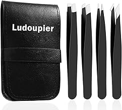 LUDOUPIER [4+1 Pieces] Tweezers Set with Travel Case, Great Precision Upgrade Professional Anti-rust Alloy Tweezers for Women & Men Multi-purpose as Eyebrows Facial Hair Ingrown Hair Removal (One Size)