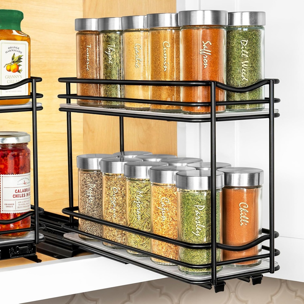LYNK PROFESSIONAL® Pull Out Spice Rack Organizer for Inside Kitchen Cabinets - 4-3/8 inch Wide - Slide Out Drawer – Black Sliding Spice Organization for cabinet - Spice Racks - 2 Tier (One Size)