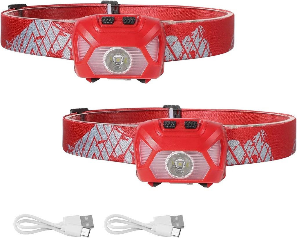 Lepro 320014 LED Rechargeable Headlamp, 2 Pack Head Lamp with 6 Modes for Camping & Hiking Gear Essentials, IPX4 Waterproof Bright Headlight Flashlights with Adjustable Headband, Type-C Cable - Red (One Size)