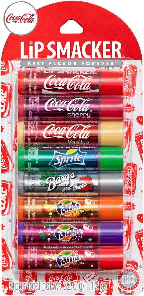 Lip Smacker Coca-Cola Flavored Balm, 8 Count, Flavors Coke, Cherry Vanilla Sprite, Root Beer, Orange Fanta, Grape Strawberry Fanta (One Size)