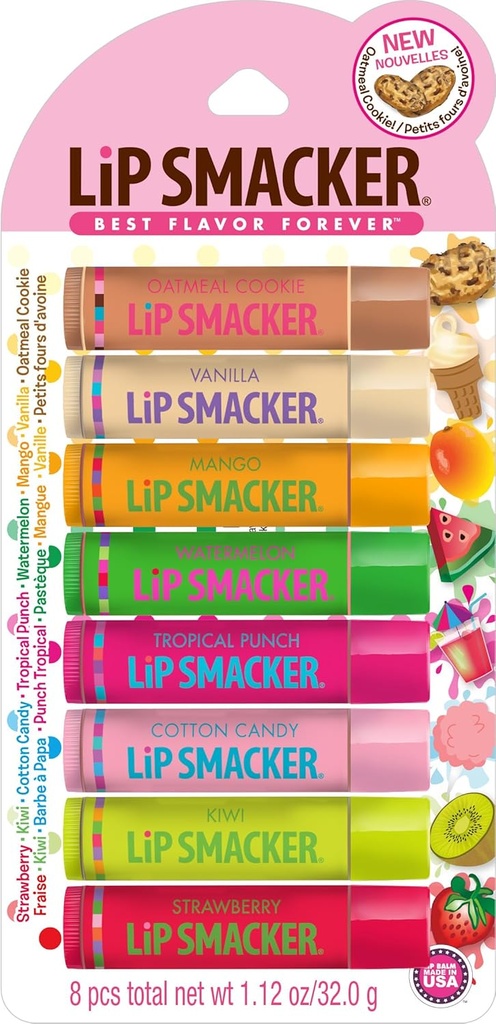 Lip Smacker Original & Best Holiday Flavored Lip Balm Party Pack, Oatmeal Cookie, Vanilla, Mango, Watermelon, Tropical Punch, Cotton Candy, Kiwi, Strawberry, Clear (One Size)