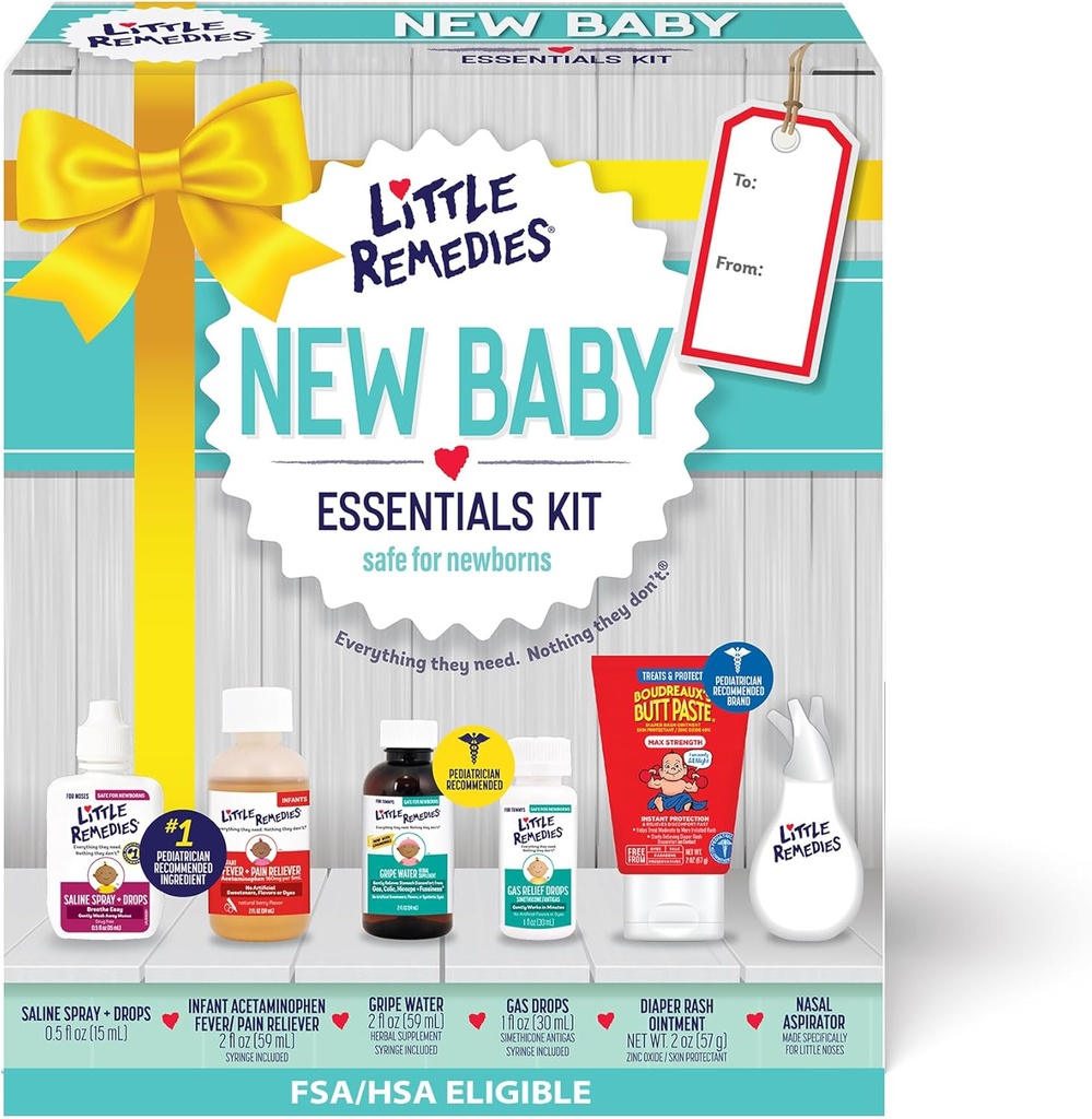 Little Remedies New Baby Essentials Kit with Saline Nasal Spray, Diaper Rash Cream, Gas Relief Drops, Gripe Water & More, Safe for Newborns (One Size)