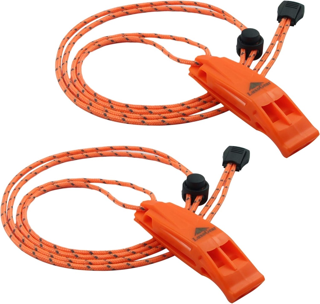 LuxoGear Emergency Whistles with Lanyard Safety Whistle Survival Shrill Loud Blast for Kayak Life Vest Jacket Boating Fishing Boat Camping Hiking Hunting Rescue Signaling Kids Lifeguard Plastic 2 Pack (One Size)