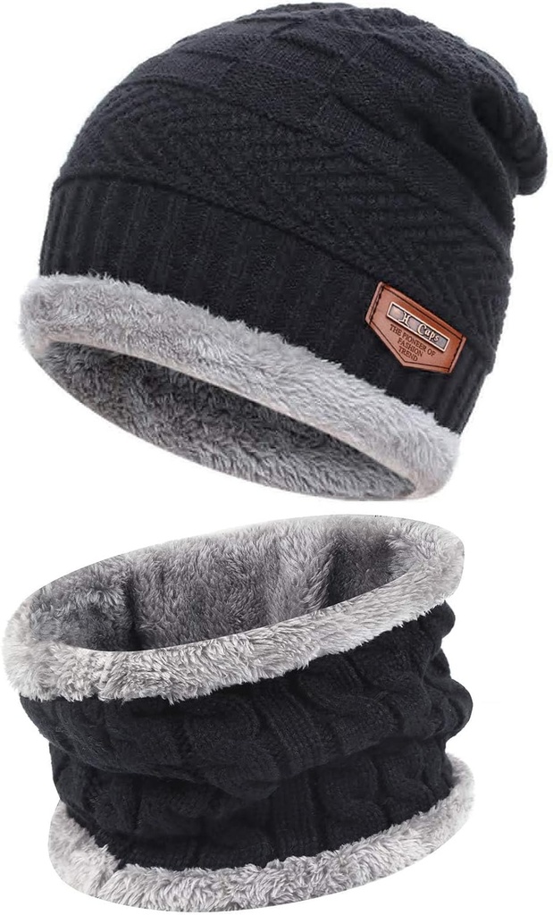 Mens Womens Winter Beanie Hat Scarf Set Warm Knit Thick Fleece Lined Skull Cap Neck Warmer for Men Women