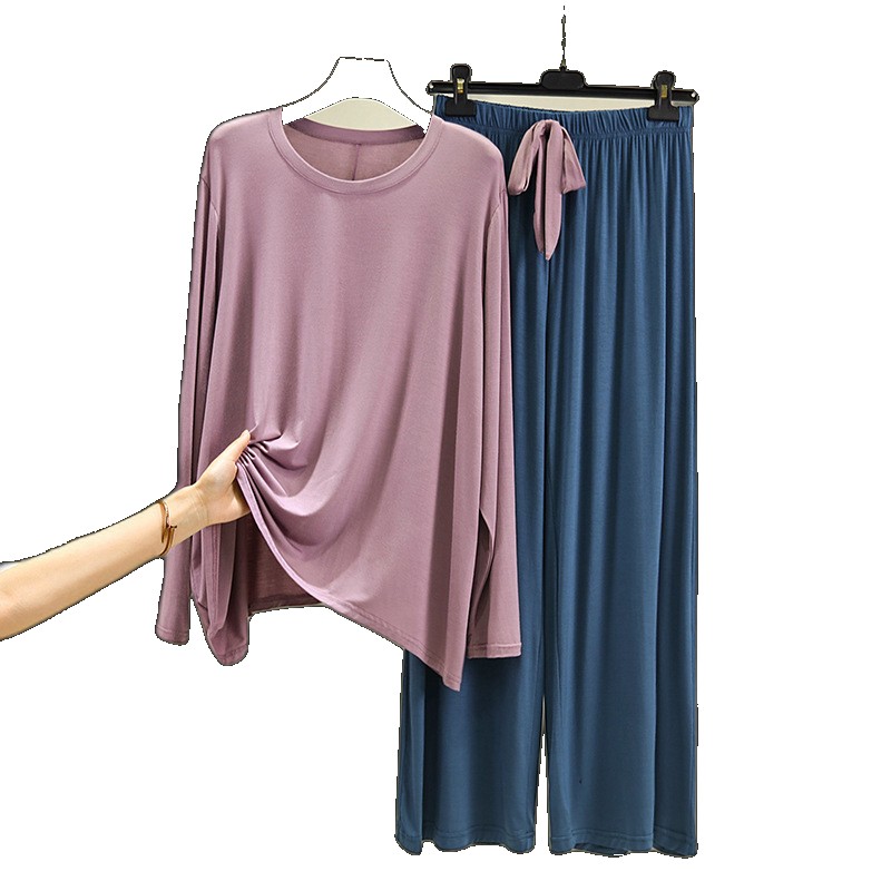 Modal fashion suit women 2023 spring casual round neck long-sleeved t-shirt high waist loose color matching wide-leg trousers trousers