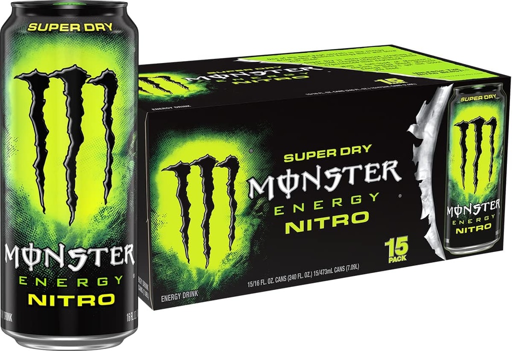 Monster Energy Nitro Super Dry, Maximum Strength, Energy Drink, 16 ounce, (Pack of 15) (One Size)