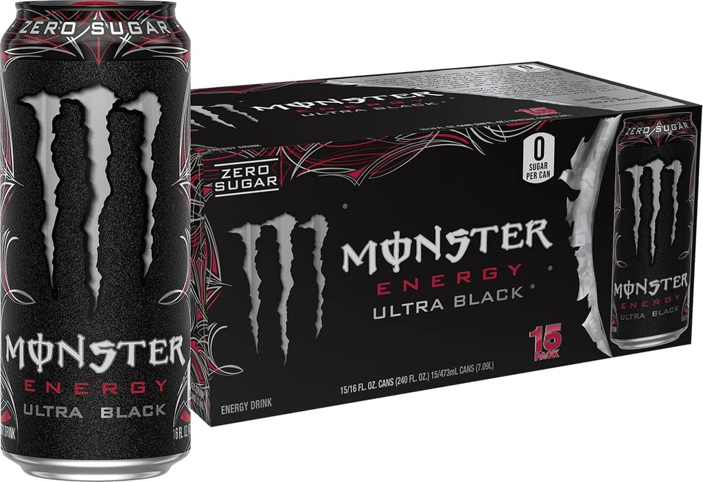 Monster Energy Ultra Black, Sugar Free Energy Drink, 16 Ounce (Pack of 15) (One Size)
