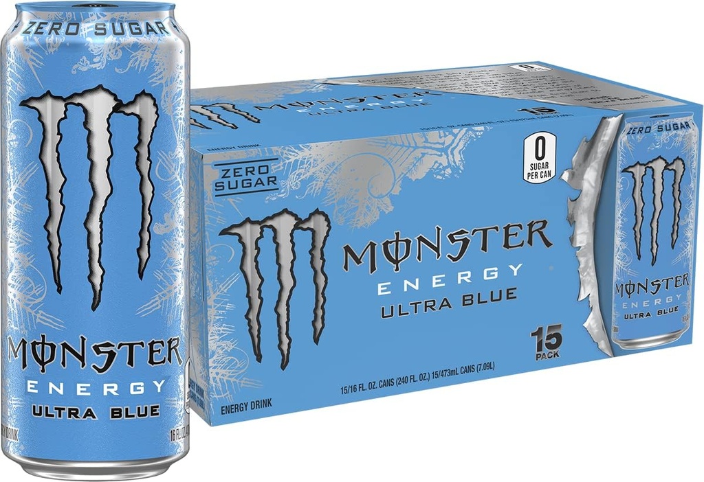 Monster Energy Ultra Blue, Sugar Free Energy Drink, 16 Ounce (Pack of 15) (One Size)