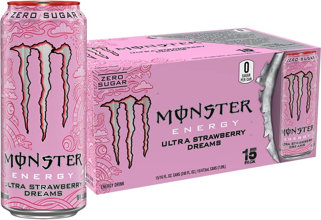 Monster Energy Ultra Strawberry Dreams, Sugar Free Energy Drink, 16 Ounce (Pack of 15) (One Size)