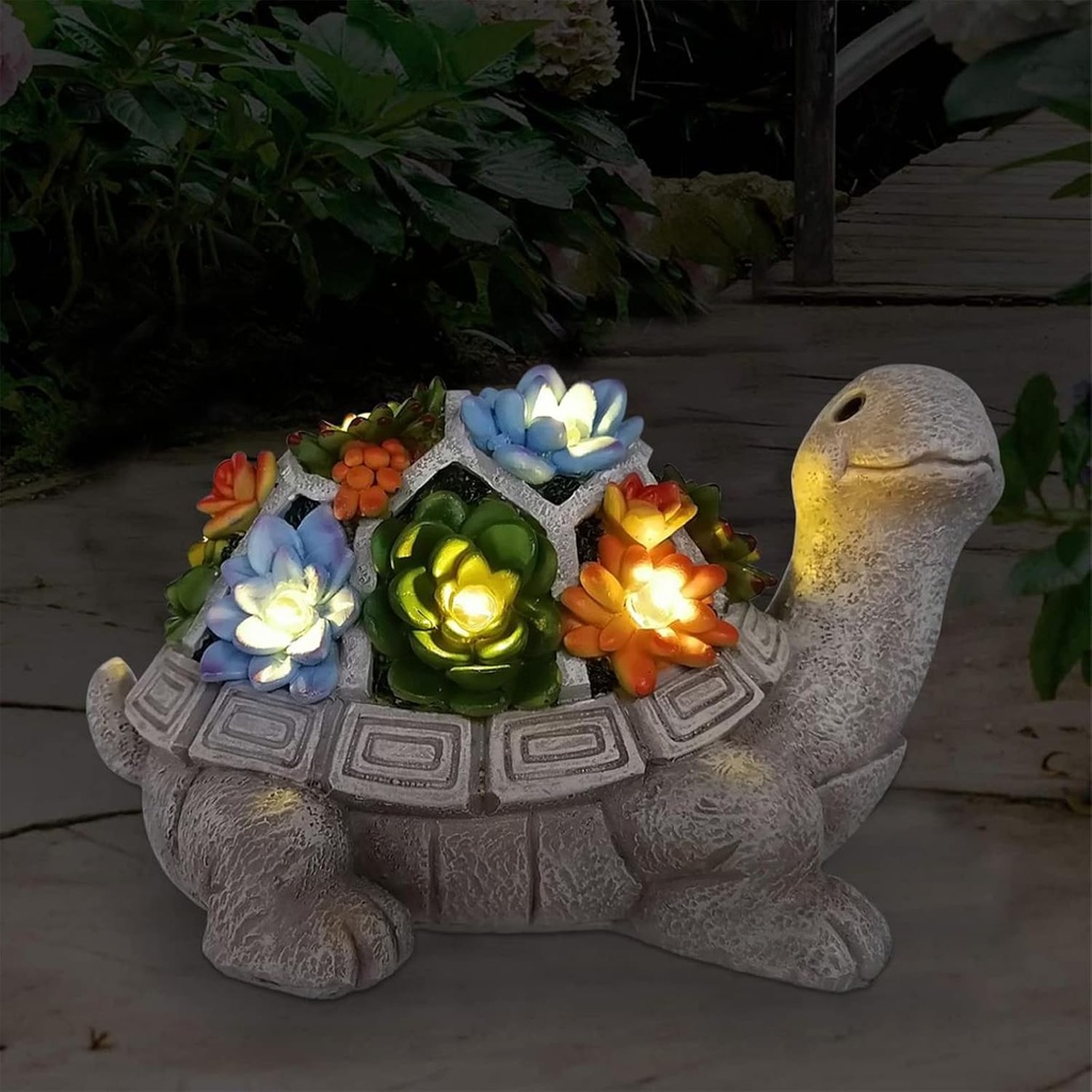 Nacome Solar Garden Outdoor Statues Turtle with Succulent and 7 LED Lights - Lawn Decor Tortoise Statue for Patio, Balcony, Yard Ornament - Chrismtas Gifts for Mom Grandma (One Size)