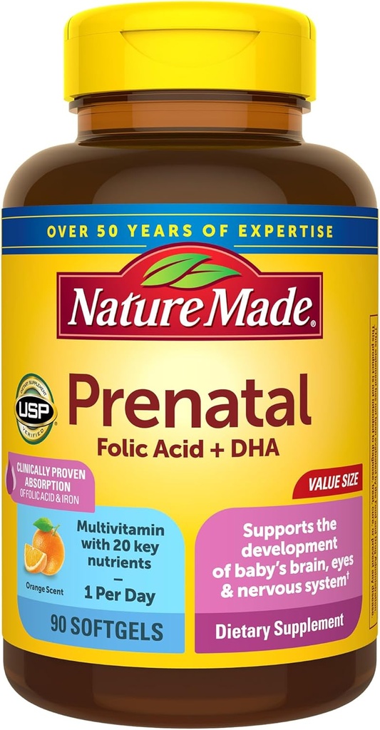 Nature Made Prenatal with Folic Acid + DHA, Prenatal Vitamin and Mineral Supplement for Daily Nutritional Support, 90 Softgels, 90 Day Supply (One Size)