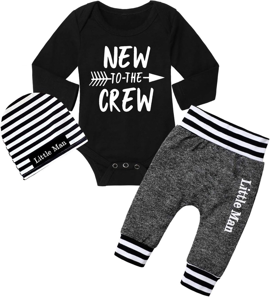 Newborn Baby Boy Clothes New to The Crew Letter Print Romper+ Pants+Hat 3PCS Outfit (One Size)