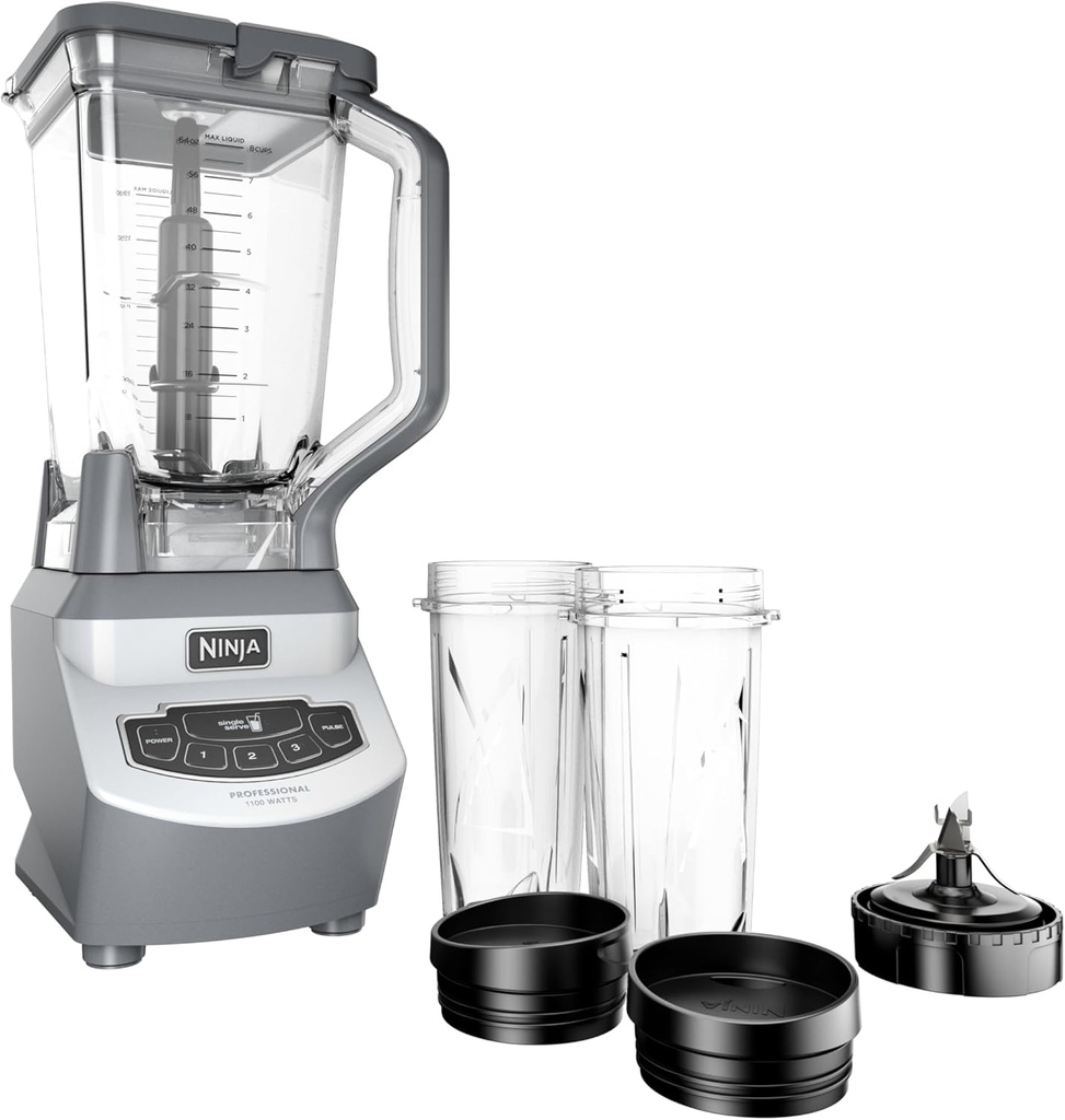 Ninja BL660 Professional Compact Smoothie & Food Processing Blender, 1100-Watts, 3 Functions -for Frozen Drinks, Smoothies, Sauces, & More, 72-oz.* Pitcher, (2) 16-oz. To-Go Cups & Spout Lids, Gray (One Size)