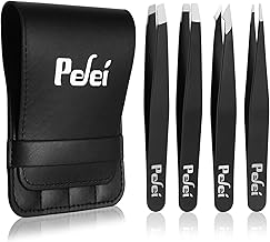 Pefei Tweezers Set - Professional Stainless Steel Tweezers for Eyebrows - Great Precision for Facial Hair, Splinter and Ingrown Hair Removal (Black) (One Size)