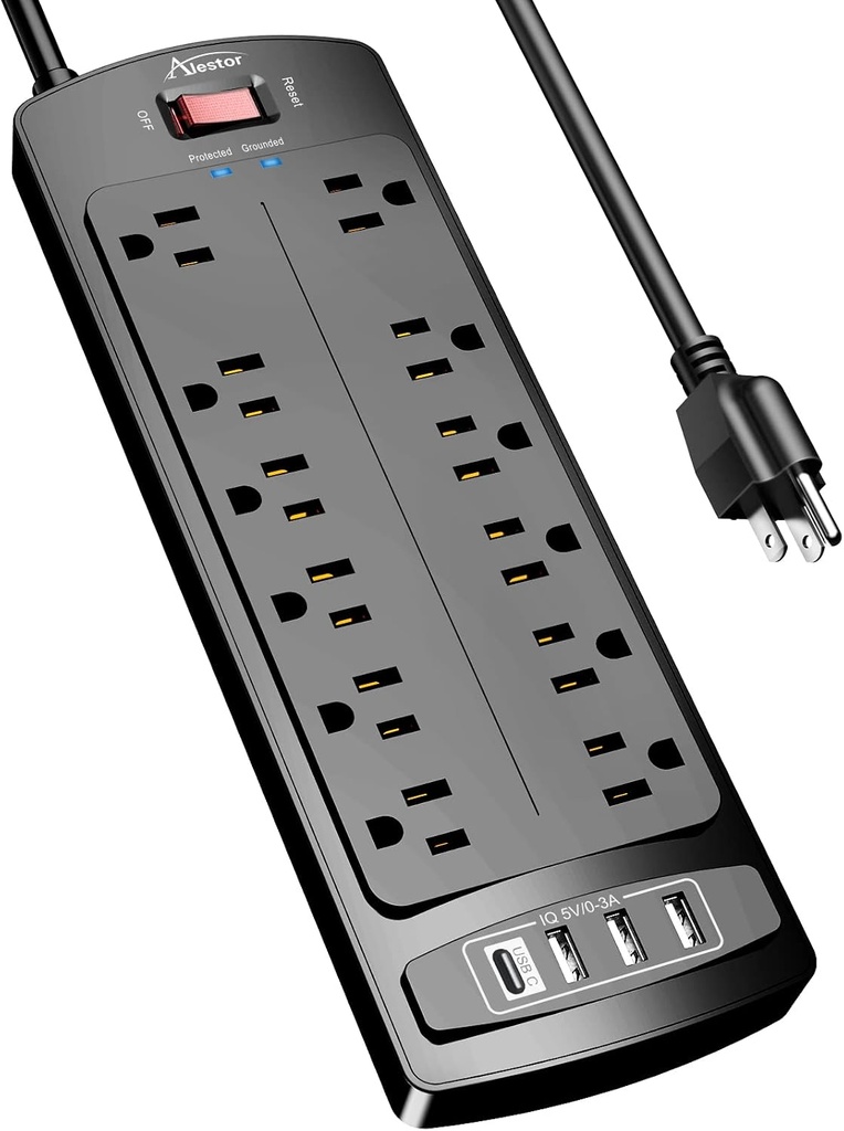 Power Strip, ALESTOR Surge Protector with 12 Outlets and 4 USB Ports, 6 Feet Extension Cord (1875W/15A), 2700 Joules, ETL Listed, Black (One Size)