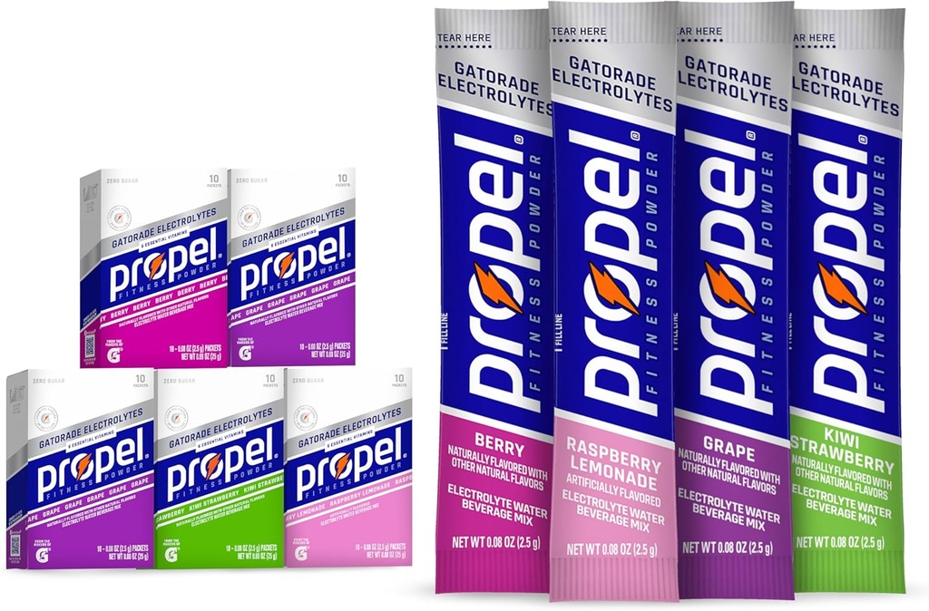 Propel Electrolyte Enhanced Water Drink Mix Powder Packets, 4 Flavor Variety Pack, Zero Calorie & Zero Sugar Hydration with Electrolytes and Vitamins C & E (50 Packets) (One Size)
