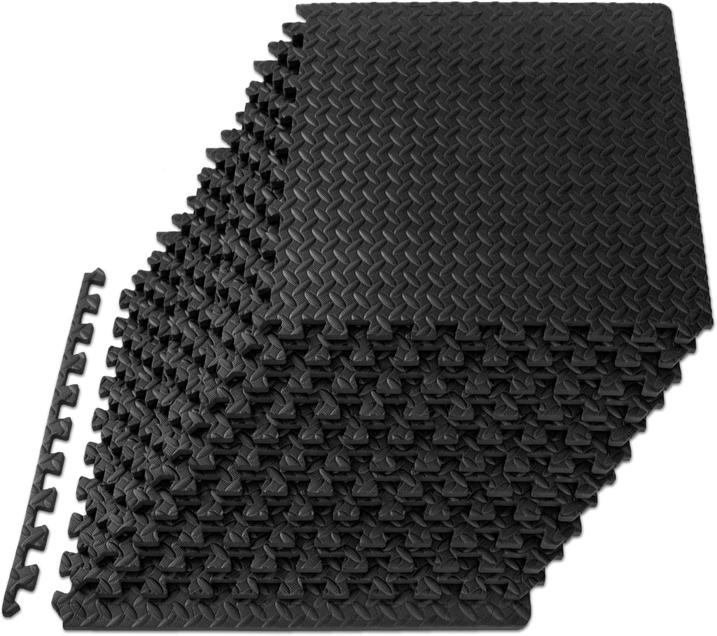 ProsourceFit Puzzle Exercise Mat ½ in, EVA Interlocking Foam Floor Tiles for Home Gym, Mat for Home Workout Equipment, Floor Padding for Kids, Black, 24 in x 24 in x ½ in, 48 Sq Ft - 12 Tiles (One Size)
