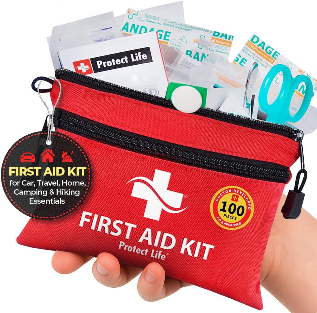 Protect Life First Aid Kit, Travel First Aid Kit for Car, 100 Piece Compact Emergency Preparedness Starter Kit for Home, Office, Camping, Hiking (One Size)