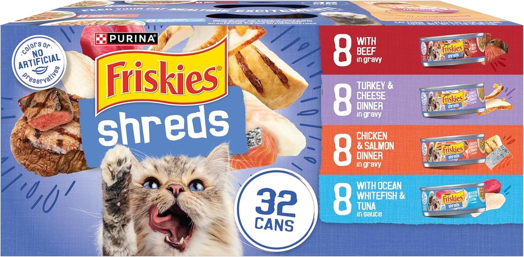 Purina Friskies Gravy Wet Cat Food Variety Pack, Savory Shreds With Beef, Turkey and Cheese Dinner, Chicken and Salmon Dinner, With Ocean Whitefish and Tuna - (Pack of 32) 5.5 oz. Cans (One Size)